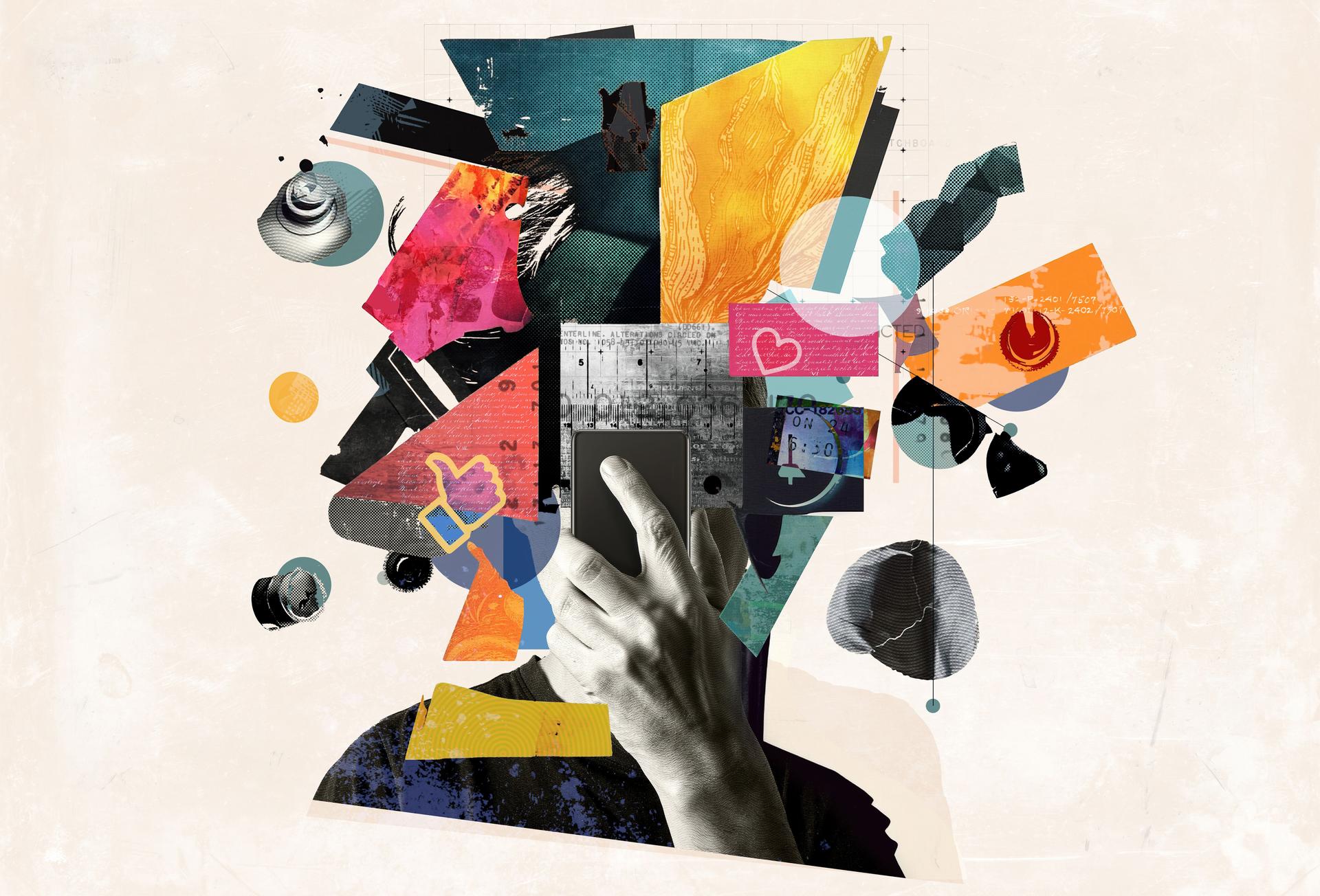 Digital overload and its impact on the human brain, showcasing fragmented thoughts, information overload