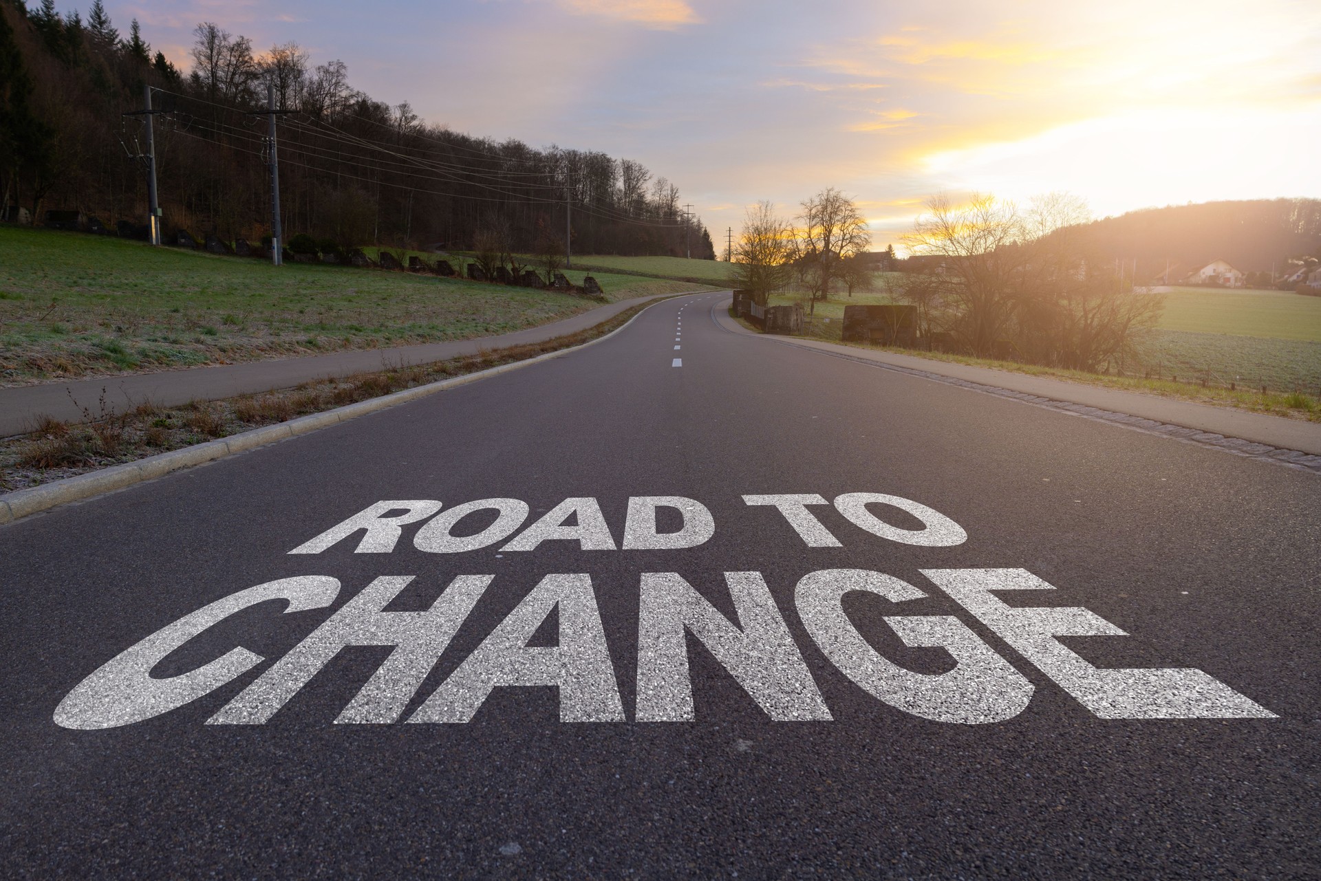 Road to Change written on road. Concept of start straight and beginning for cooperation. Start text on the highway road concept for planning and challenge or career path.